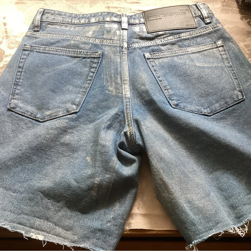 One Teaspoon Blue Future Jackson Mid Rise Silver Coated Wide Leg Denim Shorts 25